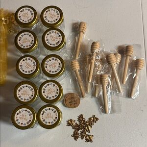 10 Pack Bee Happy Honey Jar Set with Dippers, charms & Decorative bag